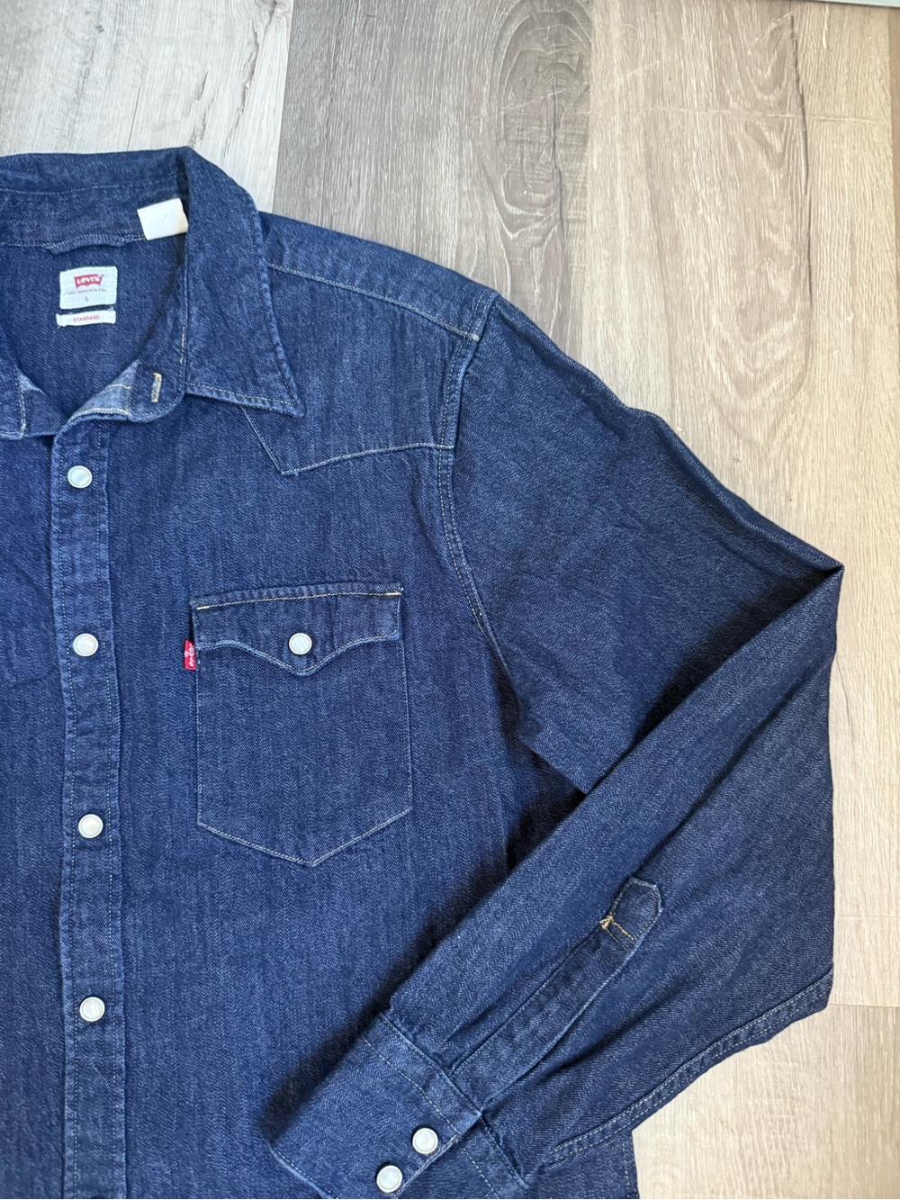 Levi's Barstow Western Denim Shirt Dark Blue Men's Large Pearl-Snap Button-Up - Picture 5 of 12